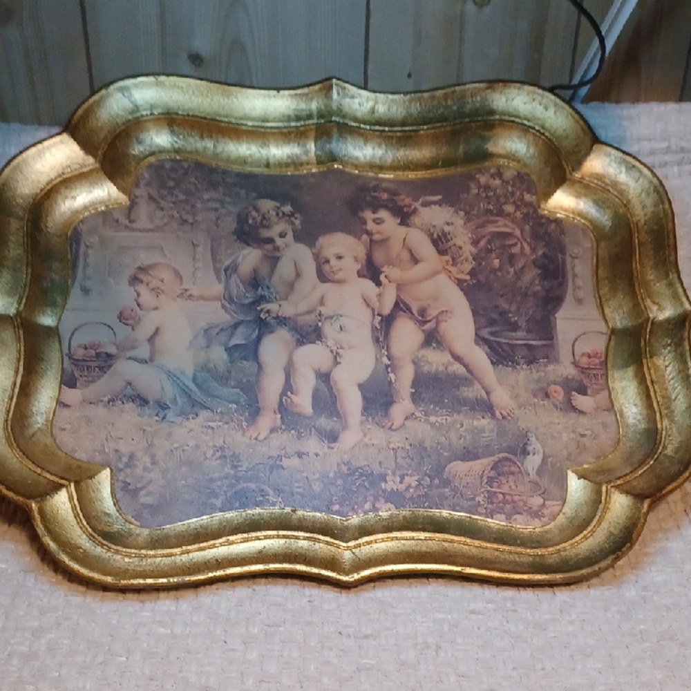 Gold Decorative Tray with Cherub Design